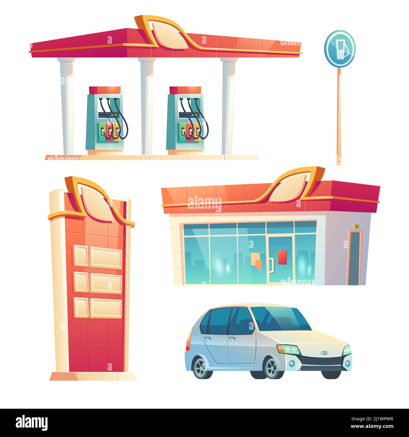 Gas station refueling service items car, building with glass facade