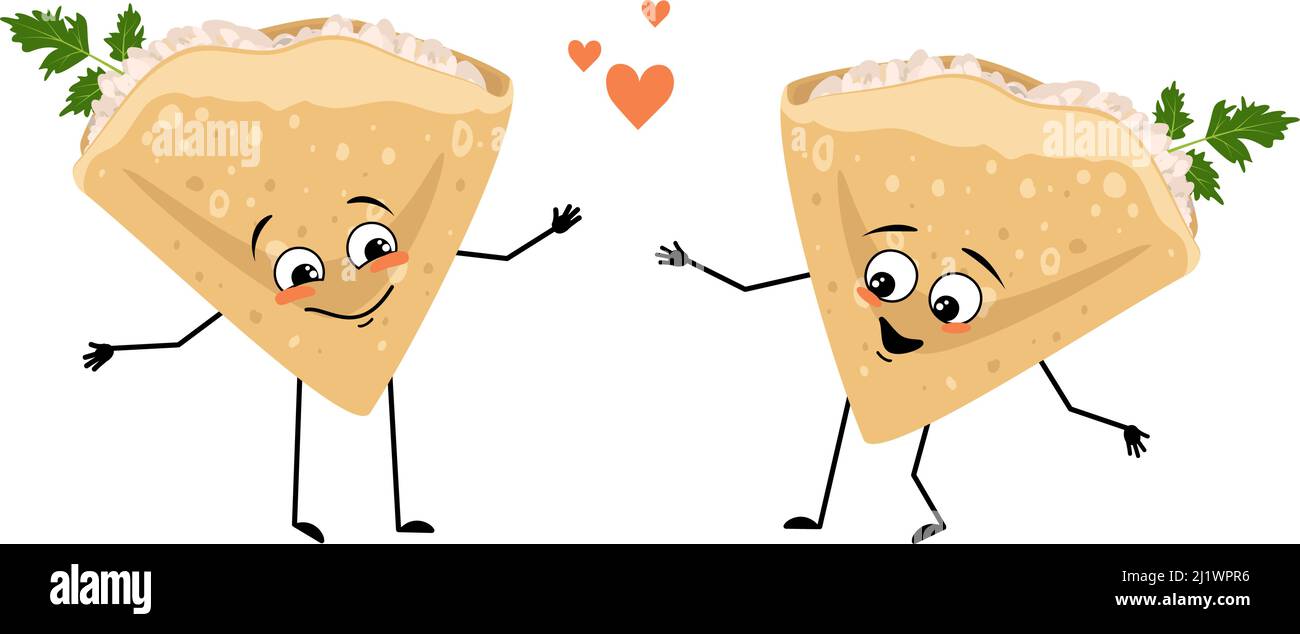 Pancake character with love emotions, smile face, arms and legs. Baking person, homemade pastry