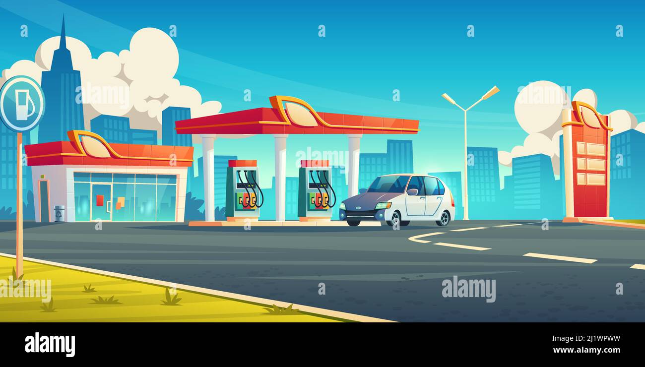 Gas station, cars refueling city service, petrol shop with building
