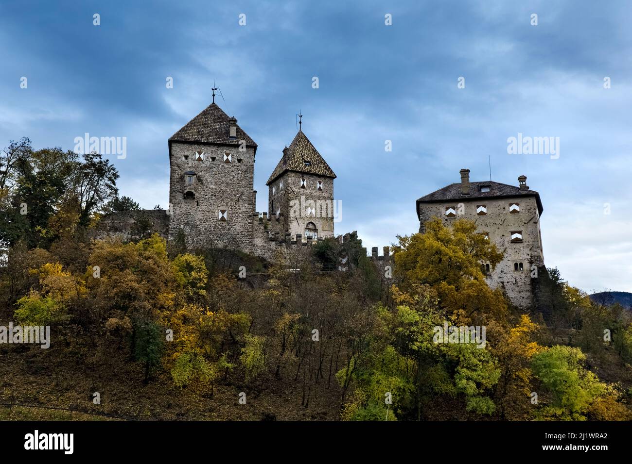 The medieval Wehrburg Castle has the rare characteristic of having two keep. Tisens/Tesimo, Bolzano province, Trentino Alto-Adige, Italy, Europe. Stock Photo