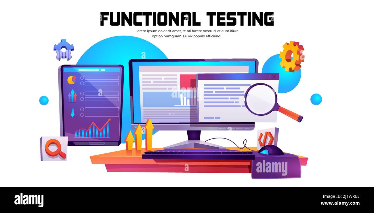 Functional testing banner. Methodology of programming, search errors and bugs in software, quality control of program or app. Vector cartoon illustrat Stock Vector