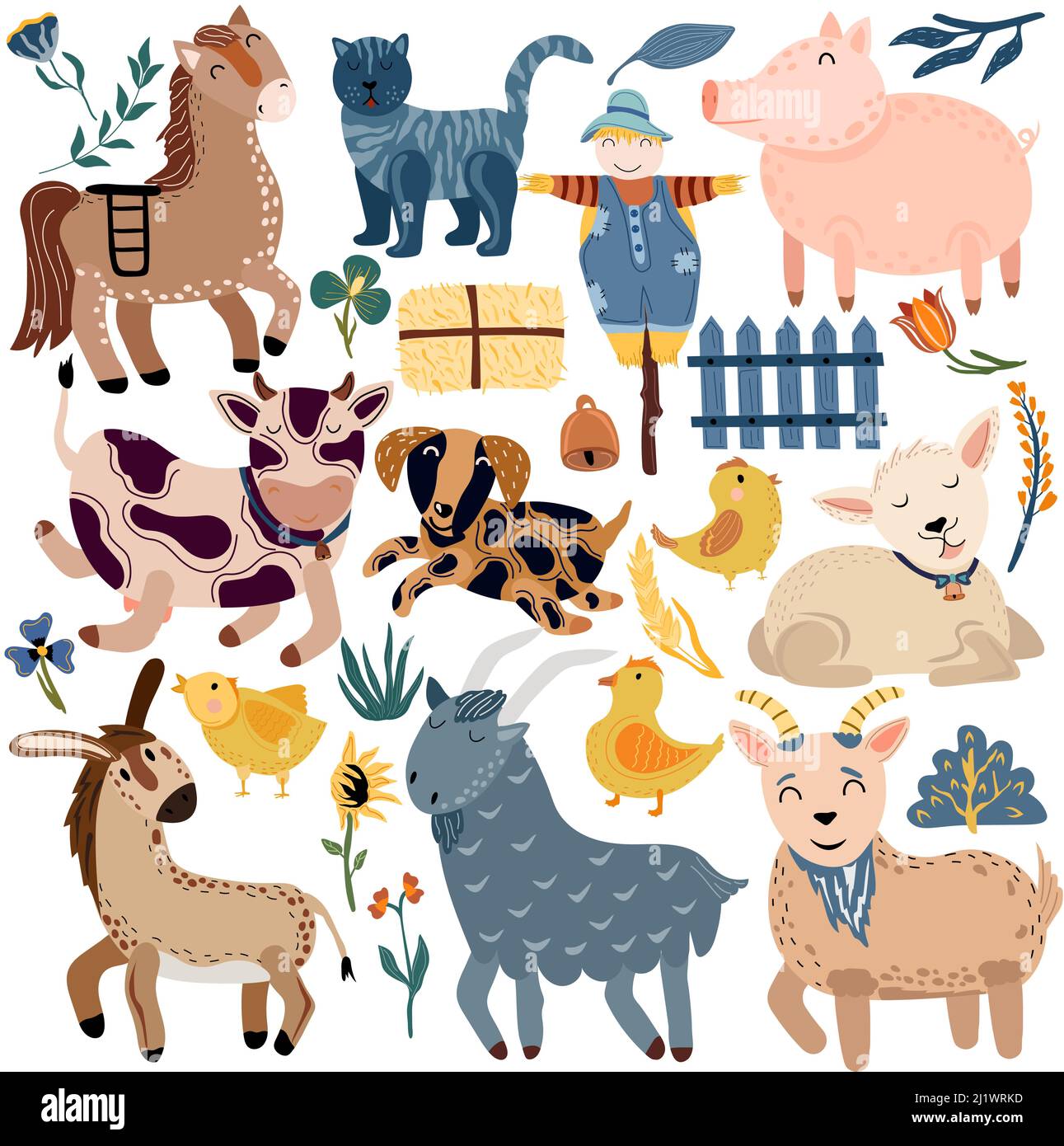 Farm with pets, cat, pig, goat, horse, donkey, cow. Cute animals in pastel  colors. Rural farm animals on a white background. Boho animals. Vector  illustration Stock Vector Image & Art - Alamy