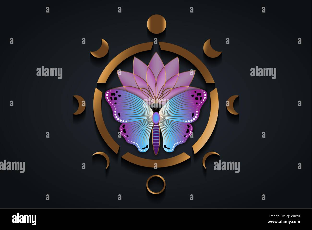 Sacred lotus flower and colorful butterfly with engraving and Moon Phases. Wiccan symbol, full moon, waning, waxing, first quarter, gibbous, crescent, Stock Vector