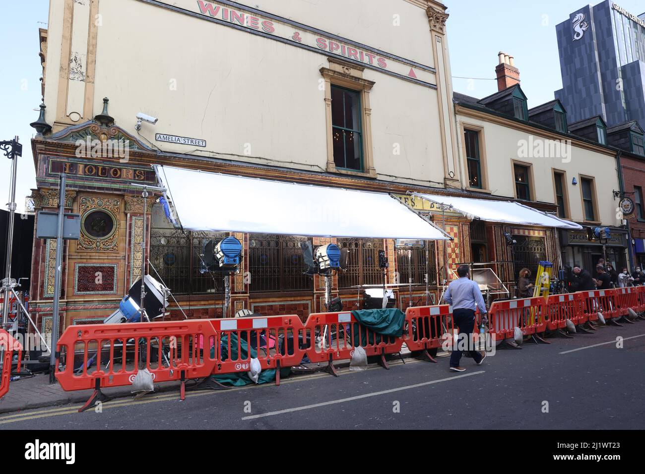 The Crown Bar in Belfast where American comedian Kevin Hart is filming the heist comedy Lift. Picture date: Monday March 28, 2022. Stock Photo