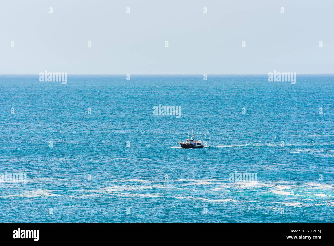 A small Fishing boat returns to harbour surrounded by seagulls Stock ...