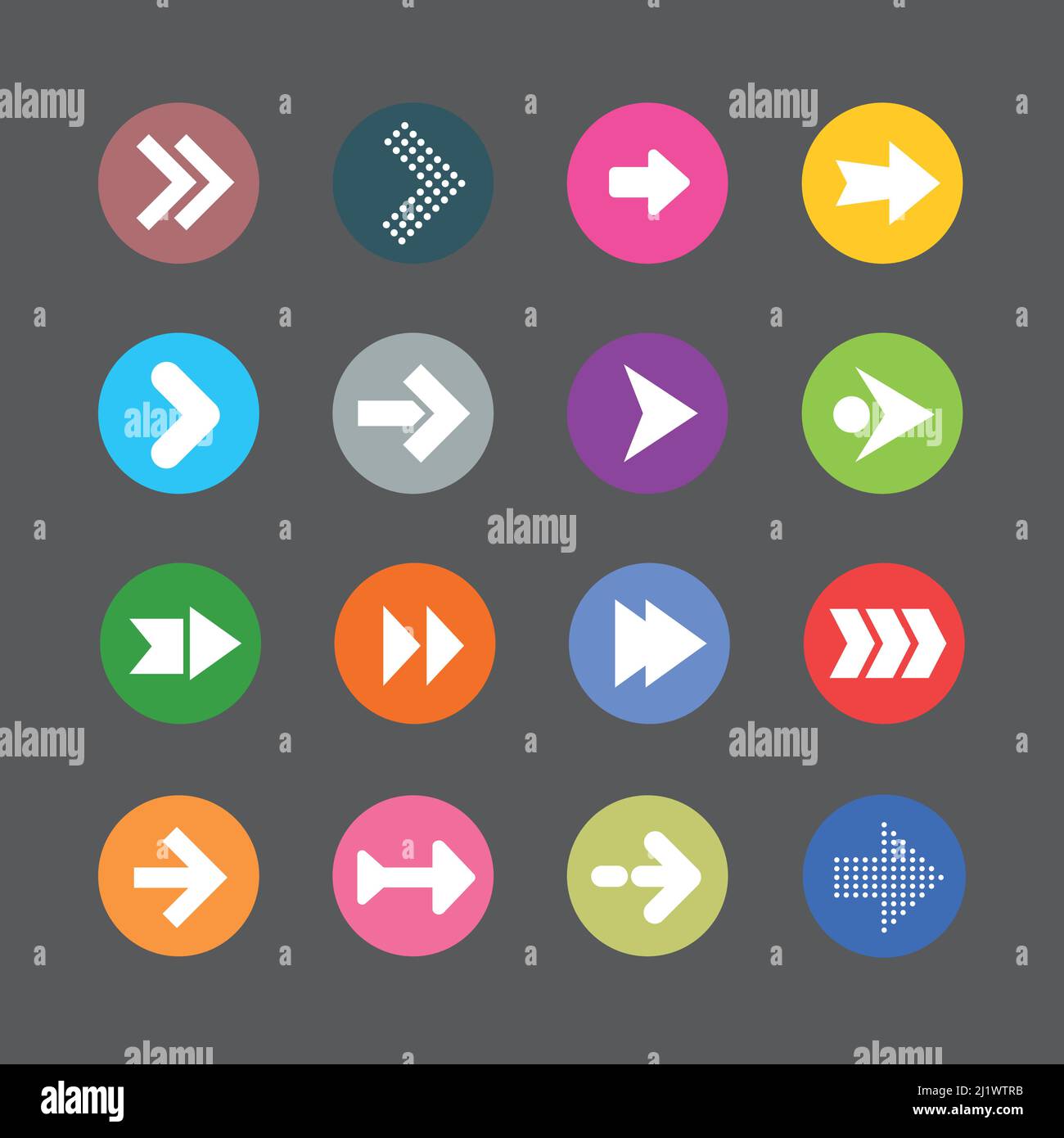 Arrow sign icon set. Simple circle shape internet button on grey background. Stock Vector