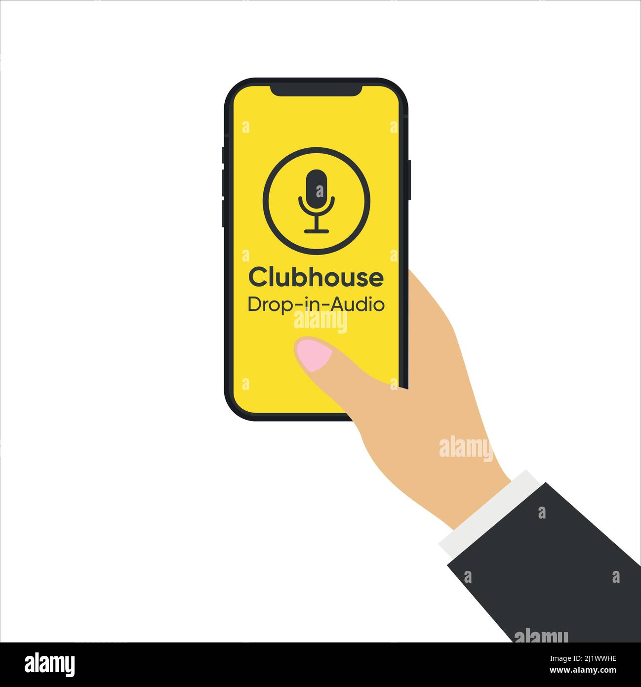 Clubhouse app on the Smartphone in hands. Drop in audio chat app. Stock Vector