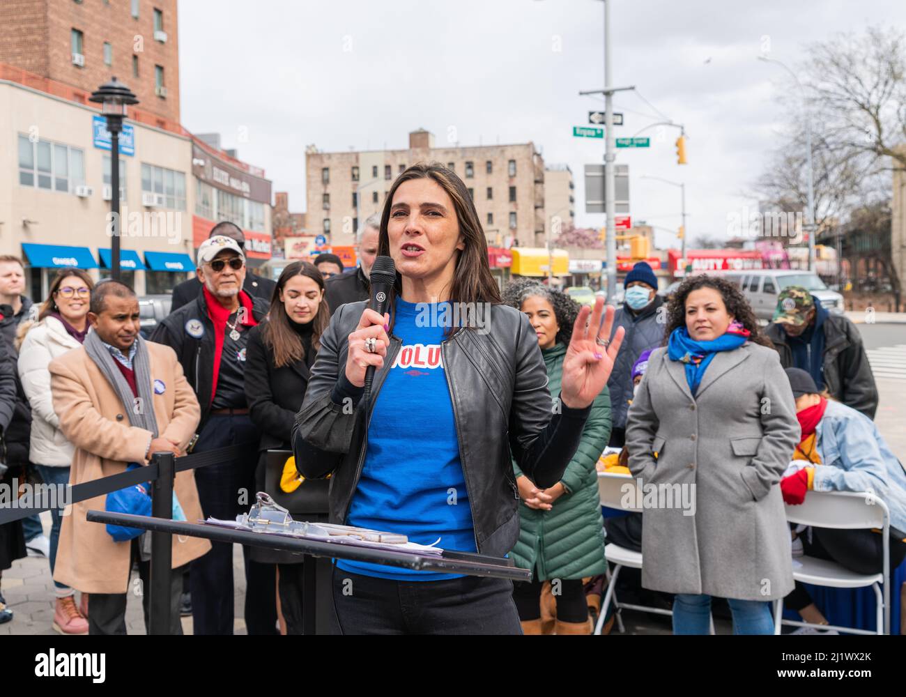 Bronx, USA. 27th Mar, 2022. Anna Marhta Visky National Organizer with Our Revolution joined Representative Alexandria Ocasio-Cortez as she held a campaign rally in The Bronx, New York March 27, 2022. Ocasio-Cortez has until April 7th to collect at least 1,250 signatures from voters to put Ocasio-Cortez on the ballot for 2022. (Photo by Steve Sanchez/Sipa USA) Credit: Sipa USA/Alamy Live News Stock Photo