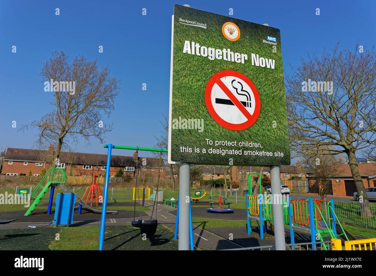 Smoking prohibition signs adjacent and relating to children's facilities at Blackpool, Lancashire in England. Stock Photo