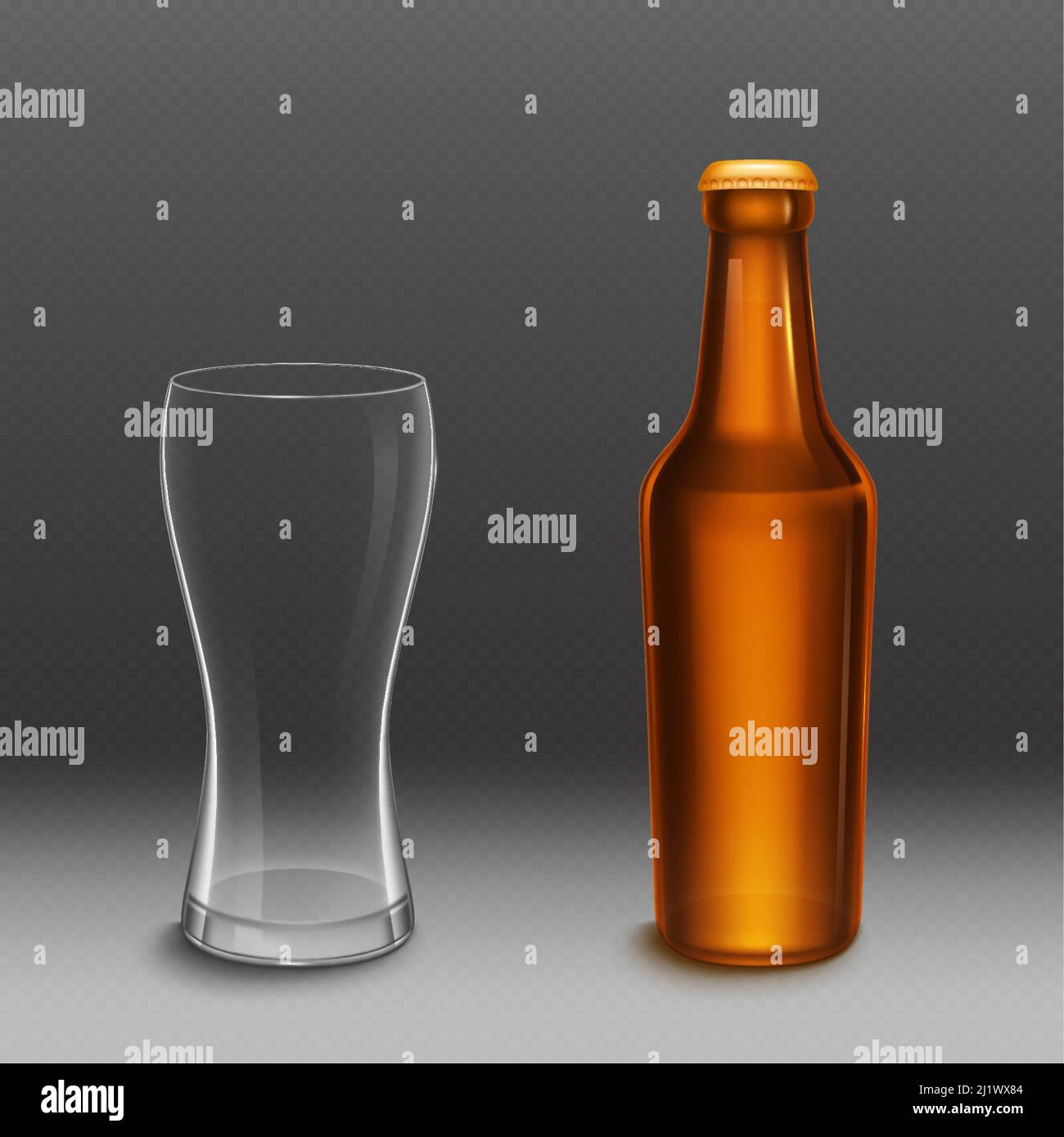 Beer bottle and empty tall glass. Vector realistic mockup of blank lager or dark beer bottle