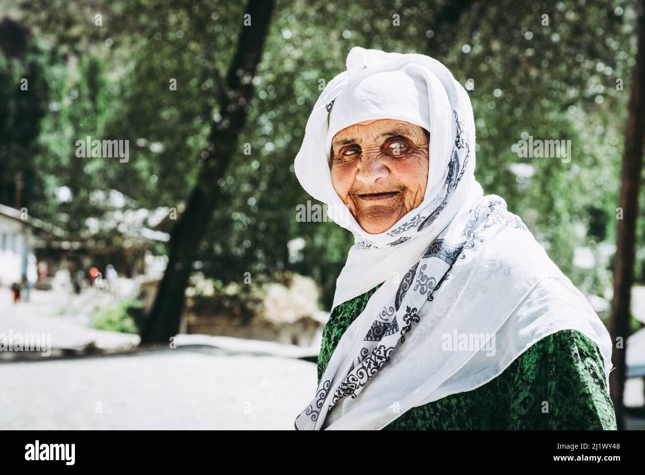 august 26, 2016, Margib village, Tajikistan: A portrait of an elderly woman in a small village in Yaghnob region of Tajikistan Stock Photo