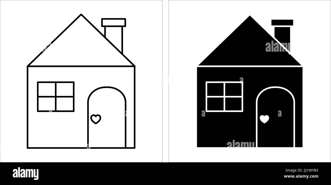 Kid drawing with house. Vector illustration in child style. Outline and silhouette design. Stock Vector