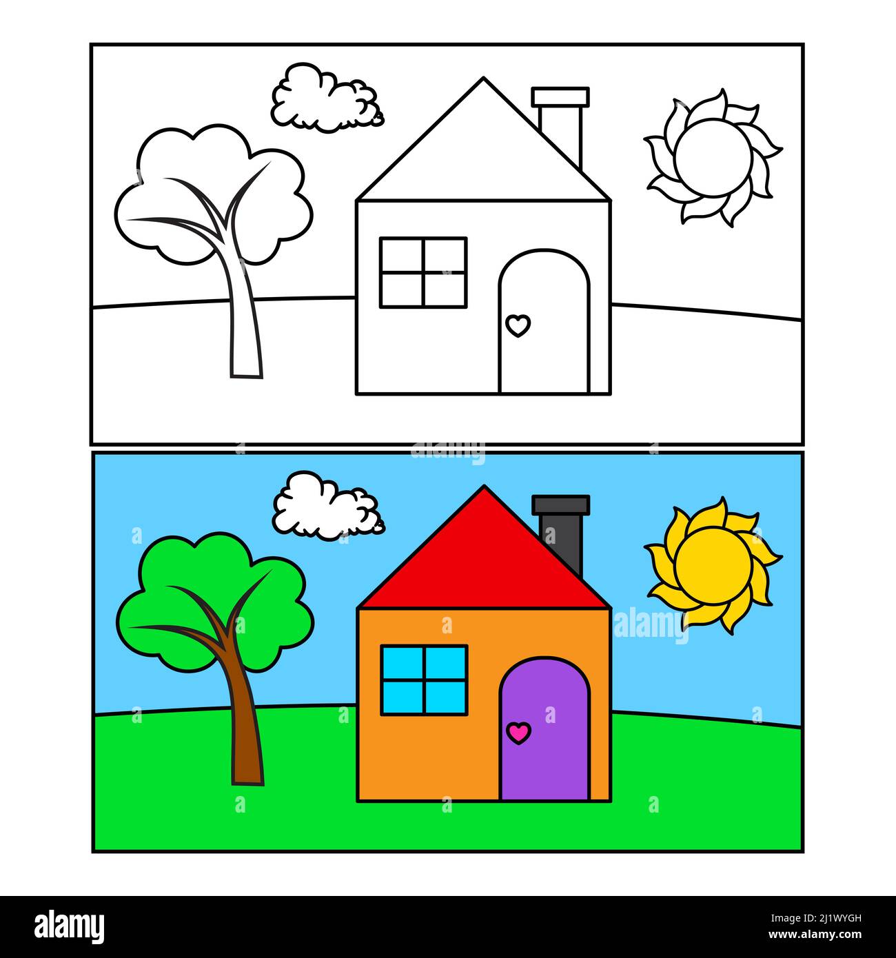 Kid drawing with house sun and tree. Vector illustration in child style. Coloring book, pages Stock Vector