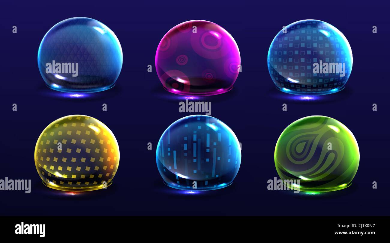 Force shield bubbles, color energy glowing spheres or defense dome fields. Science fiction various deflector elements, firewall absolute protection is Stock Vector