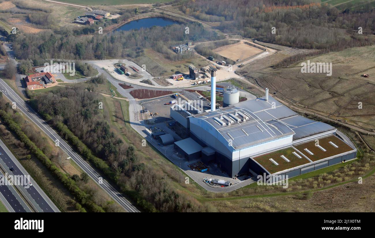 aerial view of the Allerton Waste Recovery Park on the A1(M) motorway near Knaresborough, North Yorkshire (also on site: Hanson Ready-mixed Concrete) Stock Photo