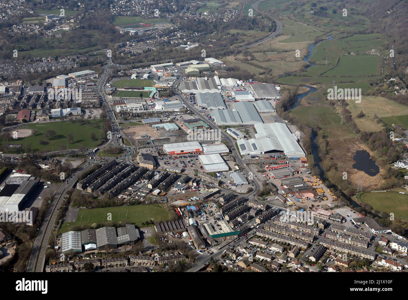 aerial view of Airedale Business Park & Riverside Business Park, Royd Ings Avenue, Keighley, West Yorkshire Stock Photo