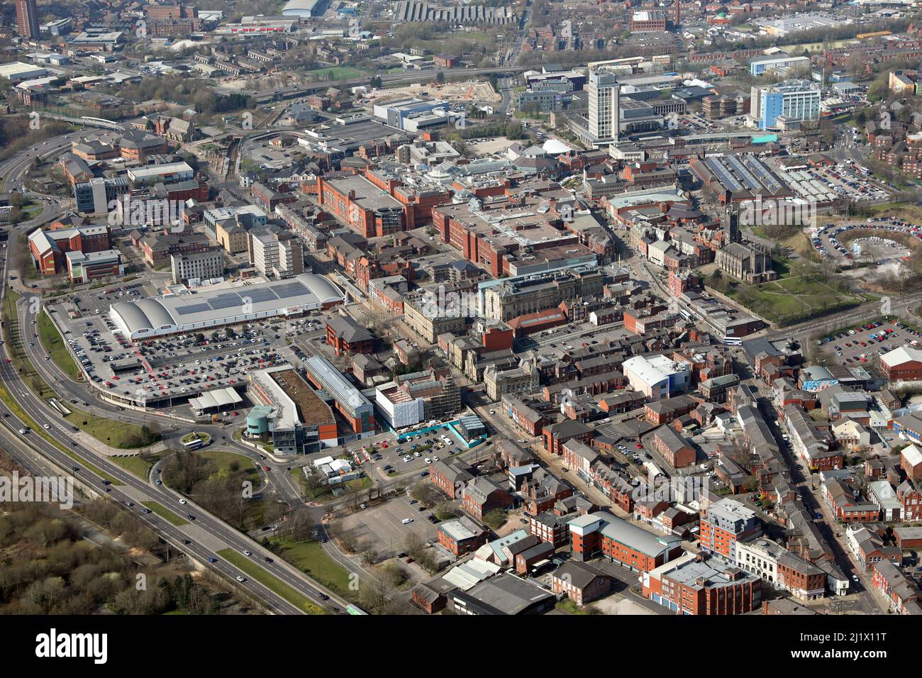 aerial view of Oldham town centre, Greater Manchester Stock Photo