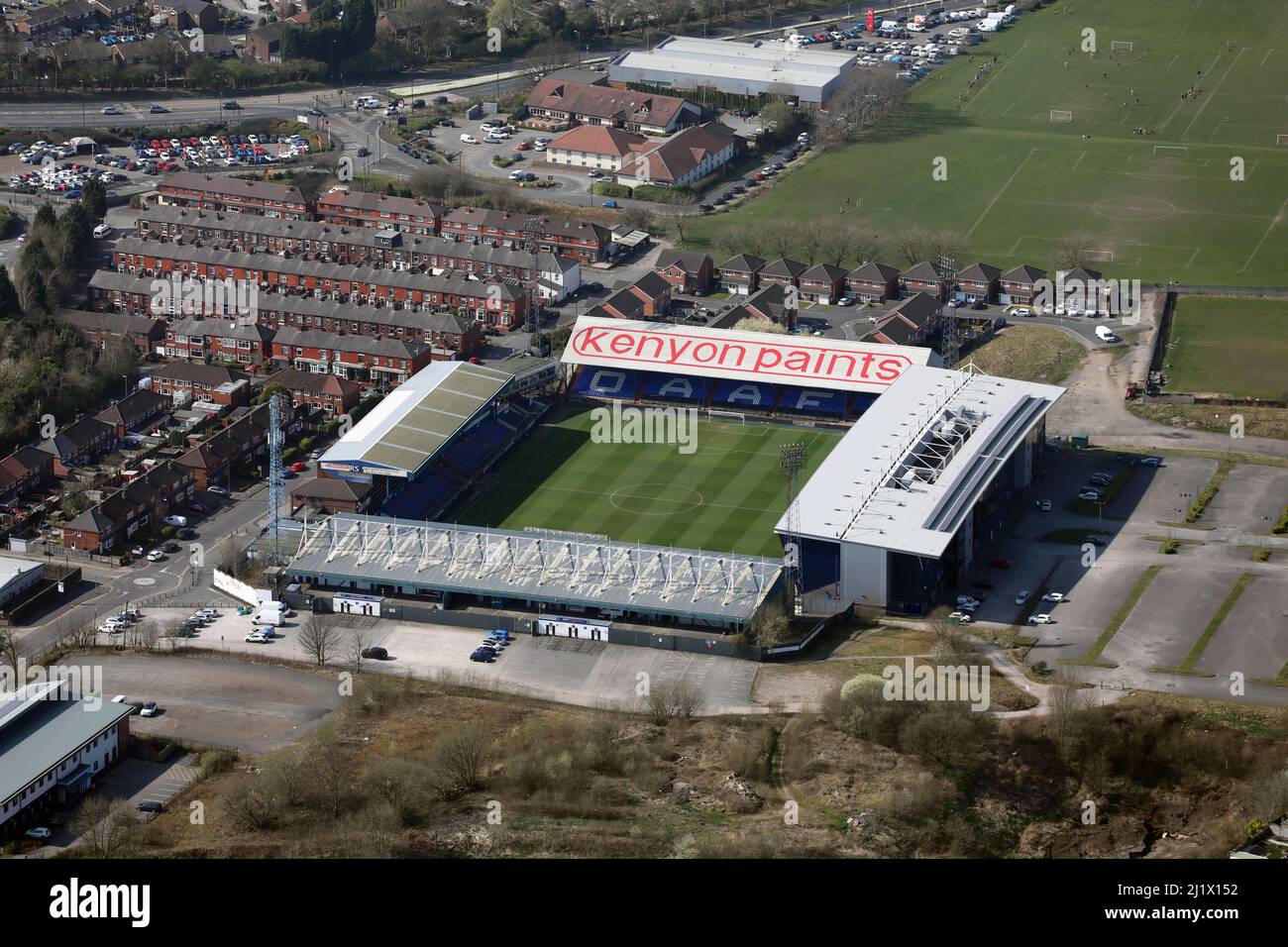 2022 aerial view of Oldham Athletic AFC Boundary Park football ground stadium, Great Manchester Stock Photo