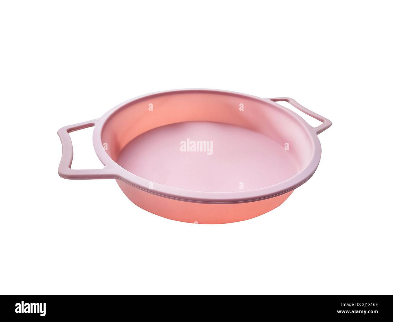 New round silicone baking dish with handles. Cake form isolated on