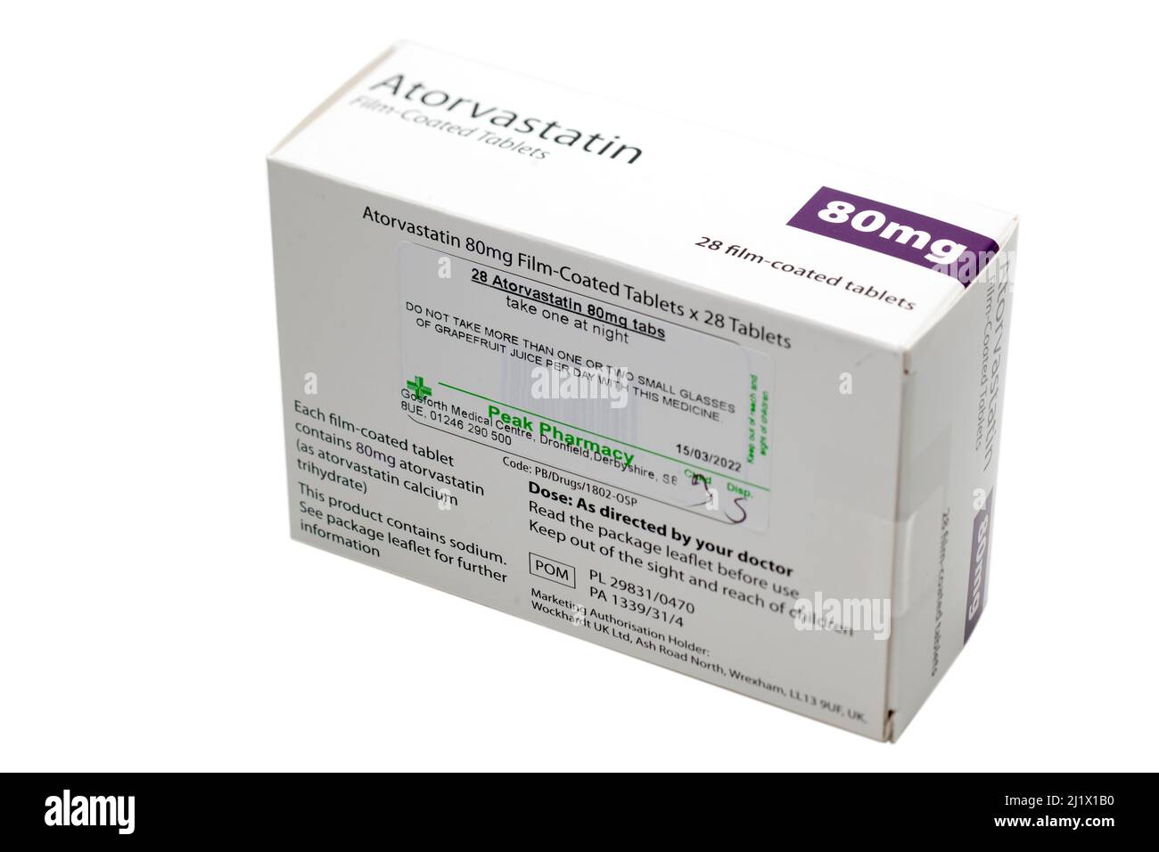 Box of 28 80 mg Atorvastatin film coated tablets Stock Photo