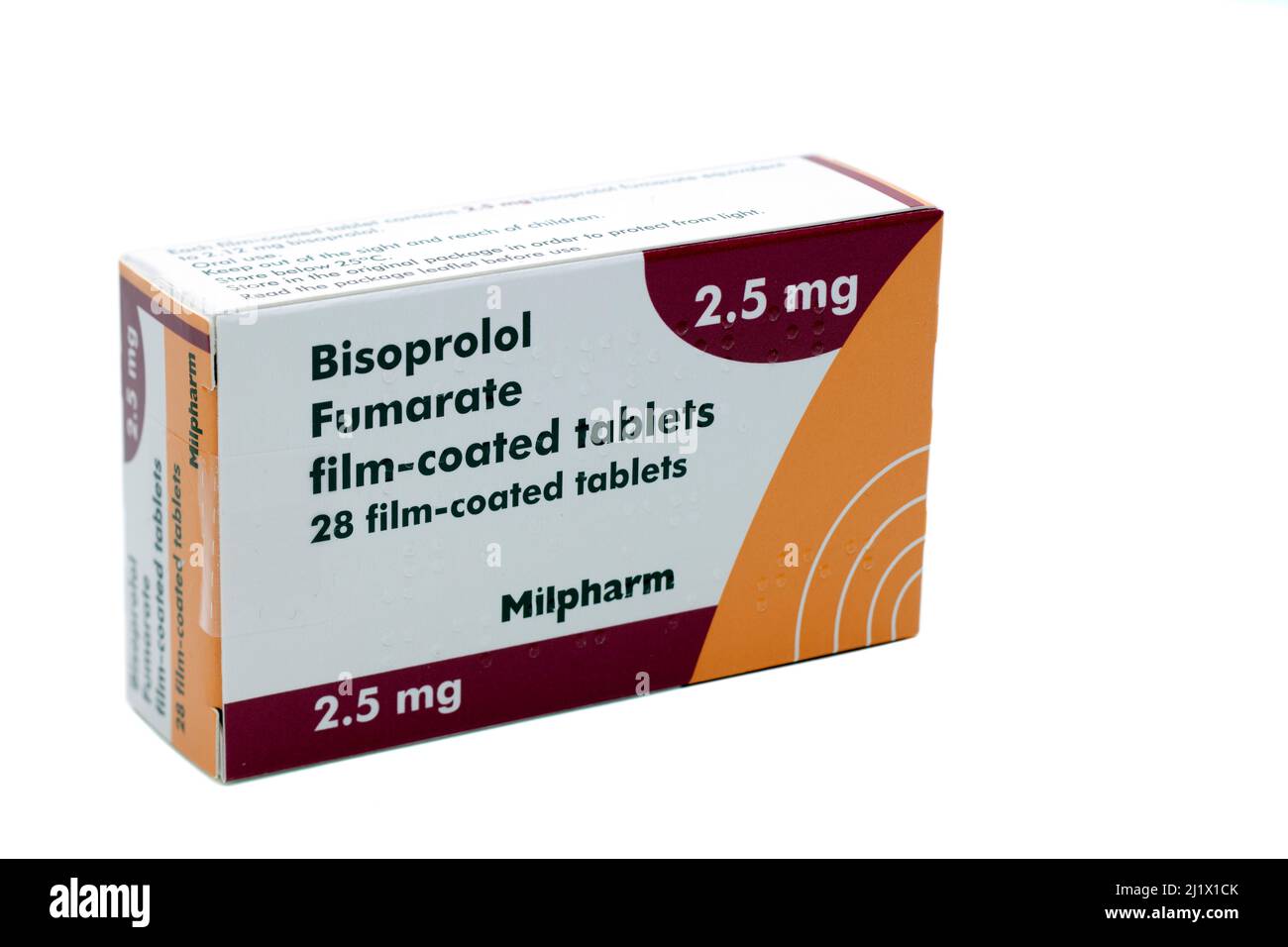 Box of 28 2.5 Bisoprolol Fumarate film coated Tablets Stock Photo