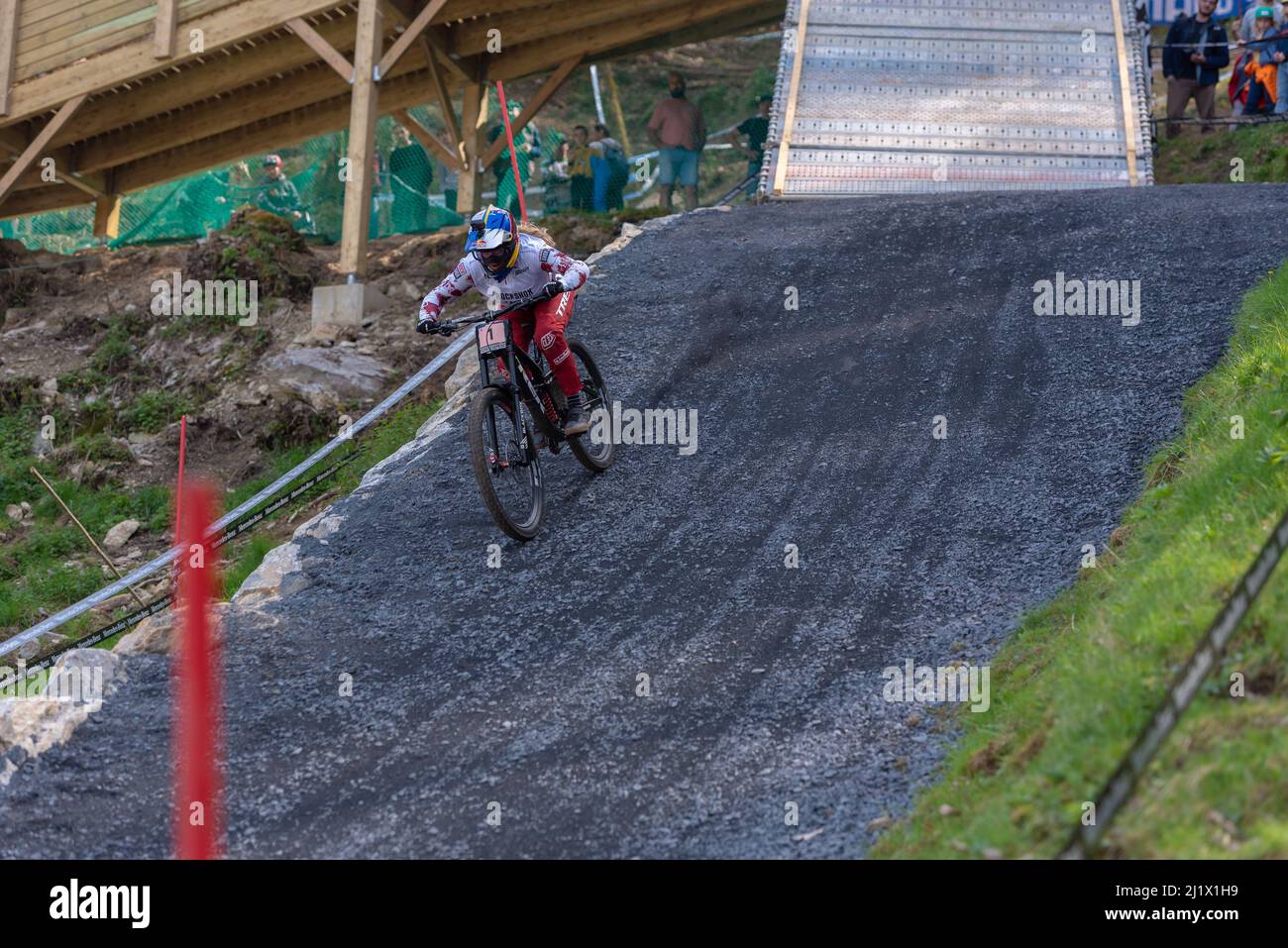Lourdes, France : 2022 March 27 : HOLL Valentina AUT competes during the UCI Mountain Bike Downhill World Cup 2022 race at the Lourdes, France. Stock Photo