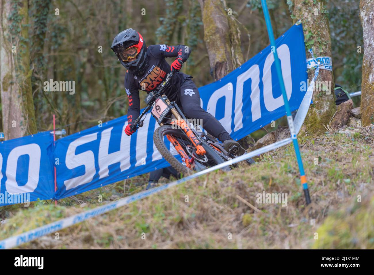 Lourdes, France : 2022 March 27 : MONIKA HRASTNIK SLO competes during the UCI Mountain Bike Downhill World Cup 2022 race at the Lourdes, France. Stock Photo