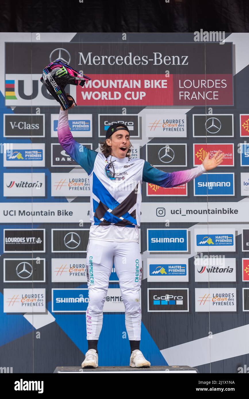 Lourdes, France : 2022 March 27 : PIERRON Amaury FRA competes during the UCI Mountain Bike Downhill World Cup 2022 race at the Lourdes, France. Stock Photo