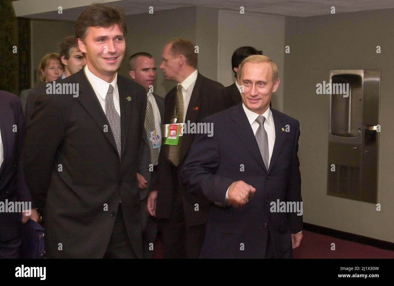 The then Prime Minister of Norway, Mr. Jens Stoltenberg, accompanying newly elected President of Russia, Mr. Vladimir Putin, to a meeting during the annual General Assembly at the United Nations. Norway had asked for the meeting as part of their campaign to get a seat at the United Nations Security Council. Norway eventually won the seat. Years later, Mr. Jens Stoltenberg went on to become Secretary General of NATO - North Atlantic Treaty Organization. Stock Photo