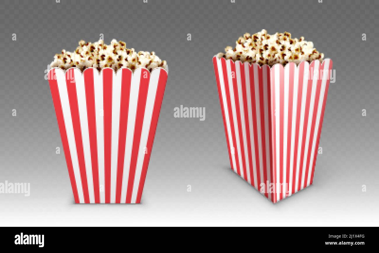 Striped paper box with popcorn isolated on white background. Vector realistic mock up of white and red bucket with pop corn for cinema or movie theate Stock Vector