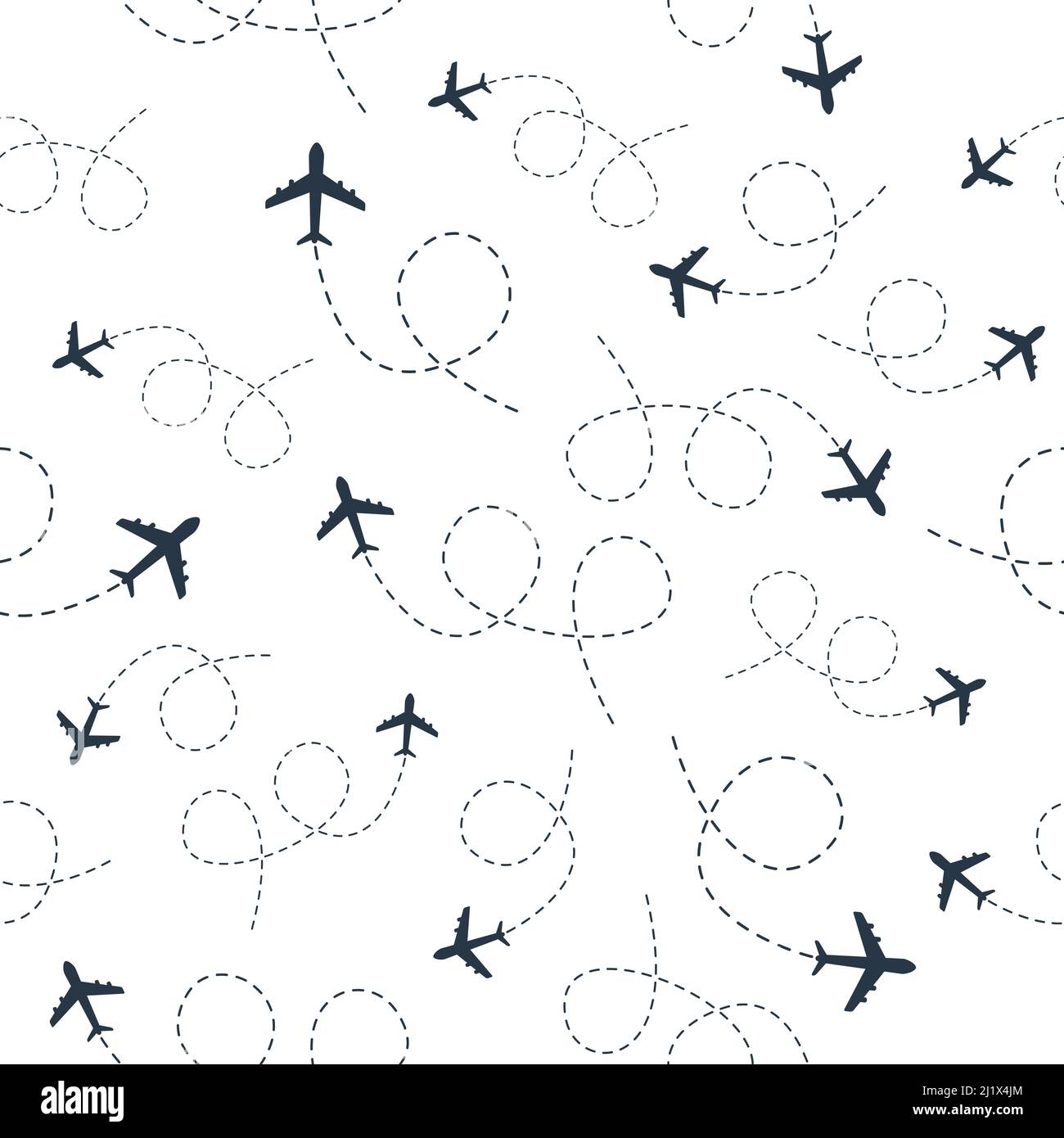 Plane flying with line path seamless pattern. Airplane travel background. Stock Vector