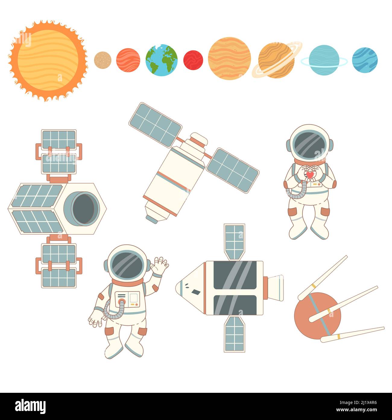 Space set with astronaut, planets and ship, vector Stock Vector