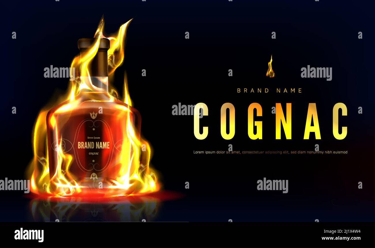 Cognac bottle in fire advertising banner. Closed burning glass blank flask with strong alcohol drink on black background with flame, beverage ad. Real Stock Vector