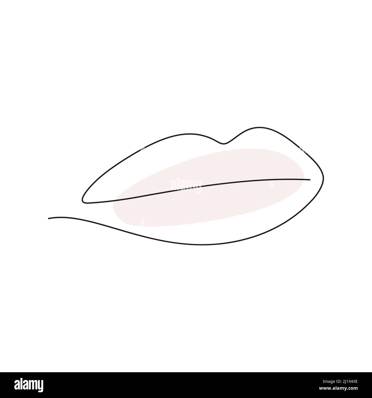 Continuous one line lips with pink shape. Modern minimal linear female lips. Line art kiss symbol. Stock Vector