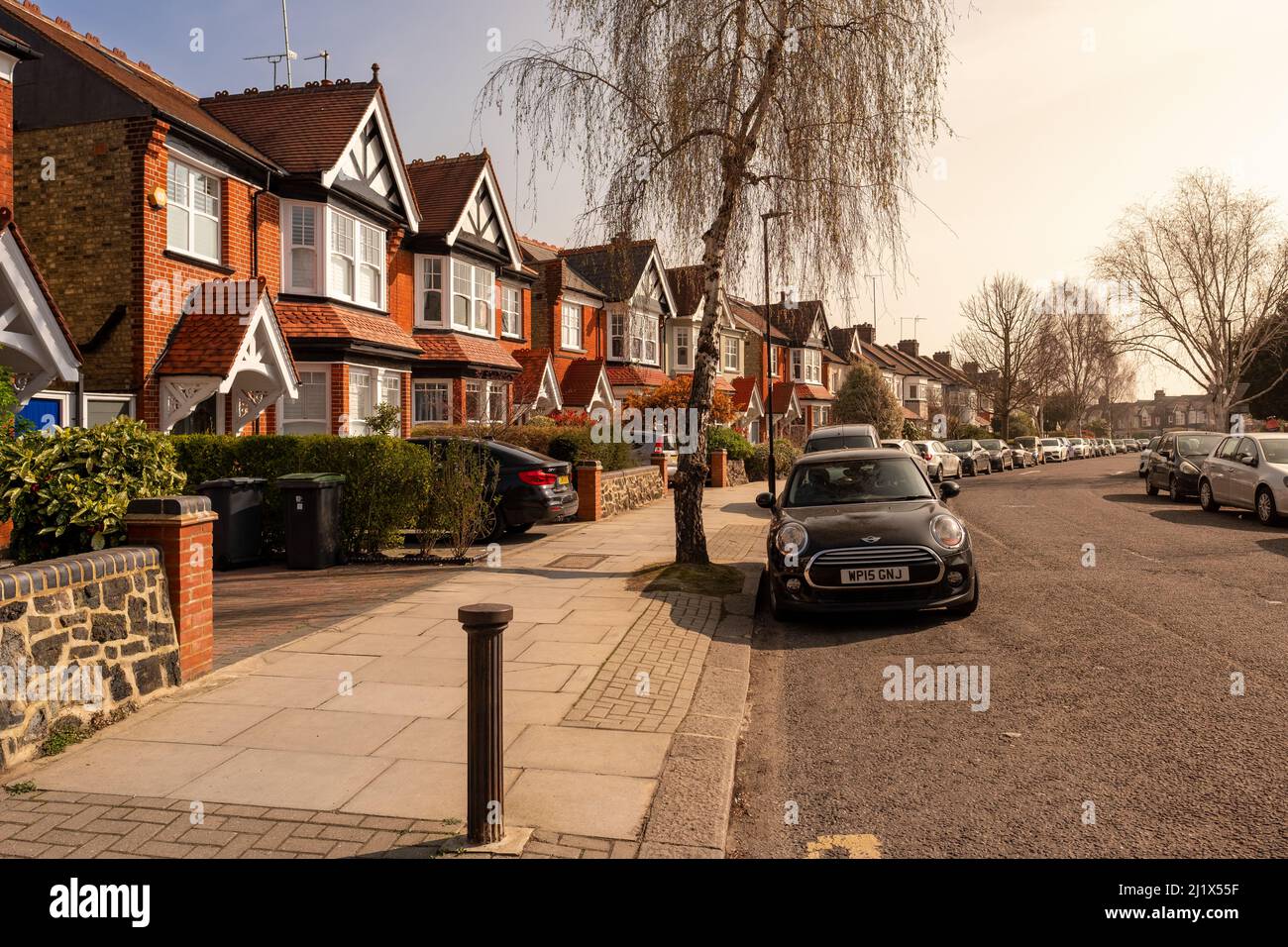 London- March 2022: Street of period terraced houses in Crouch End 