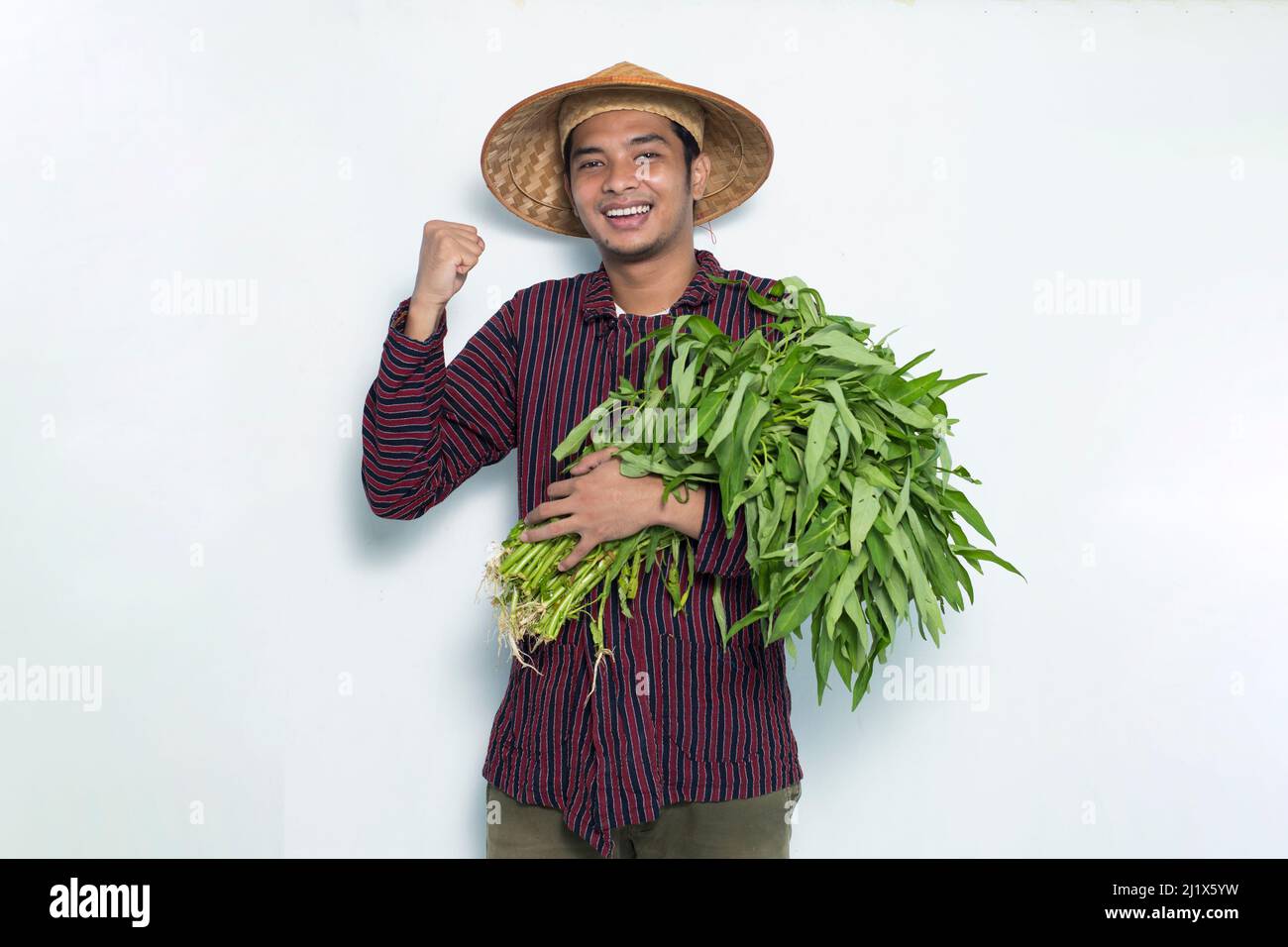 portrait of happy farmer showing thumb up isolated on white background ...