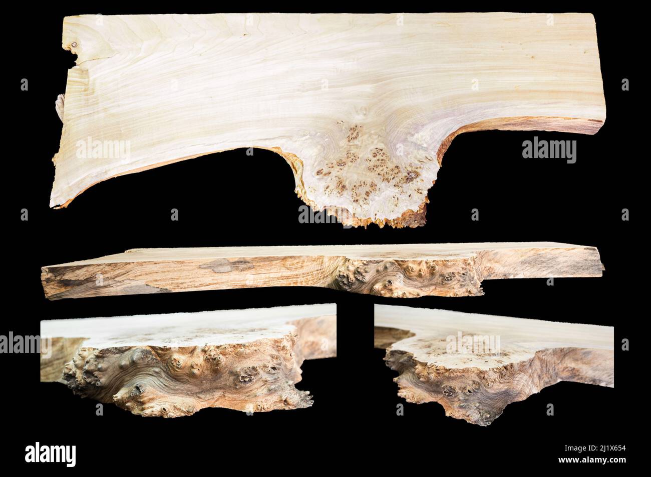 Solid wood blanks for for exclusive custom-made furniture on black background. Texture of a polished cut ofwood. Woodworking, carpentry production. Stock Photo