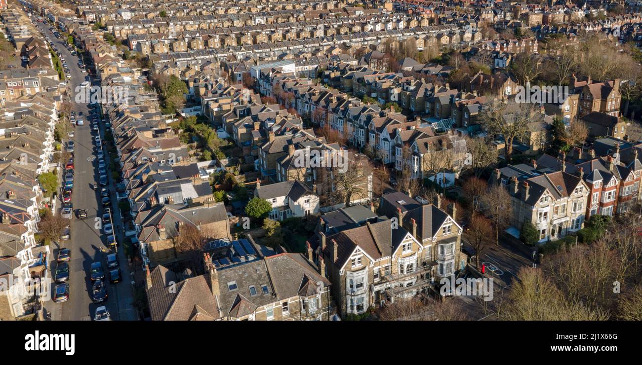 London Panoramic aerial view of terraced house rooftops in south west