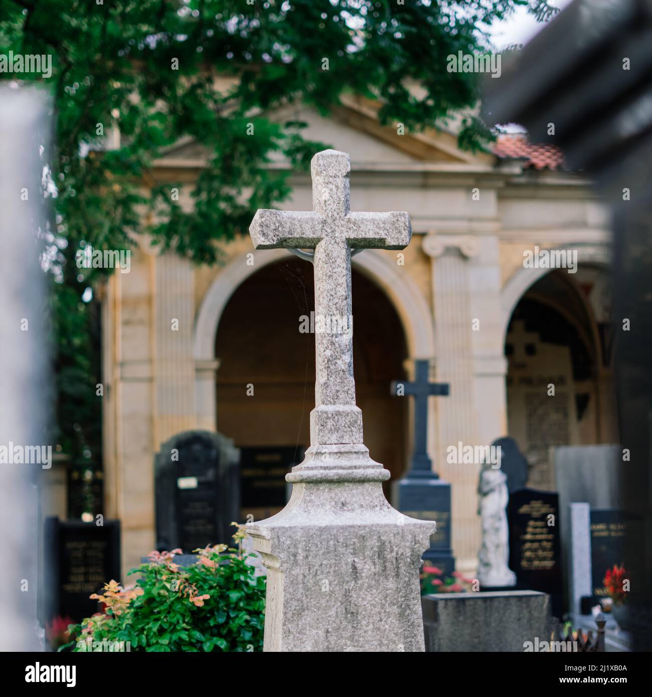 Cemetery statues, a despairing woman statue, crosses, resting place