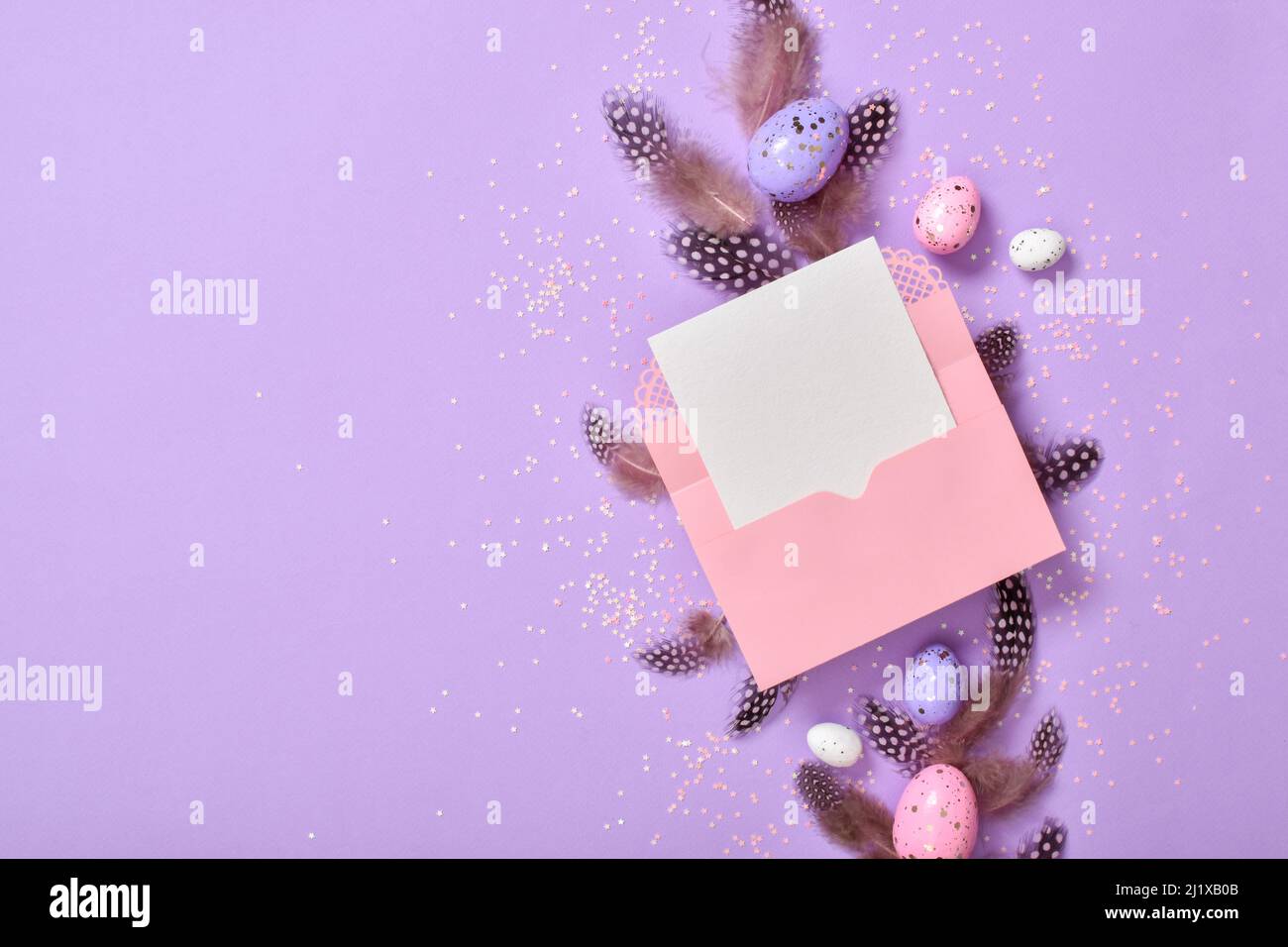 Easter composition with Easter eggs. Flat lay, top view. Stock Photo