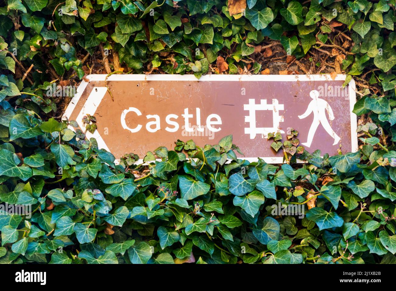 Direction sign to the castle in Castle Acre, Norfolk.  Almost overgrown by ivy. Stock Photo