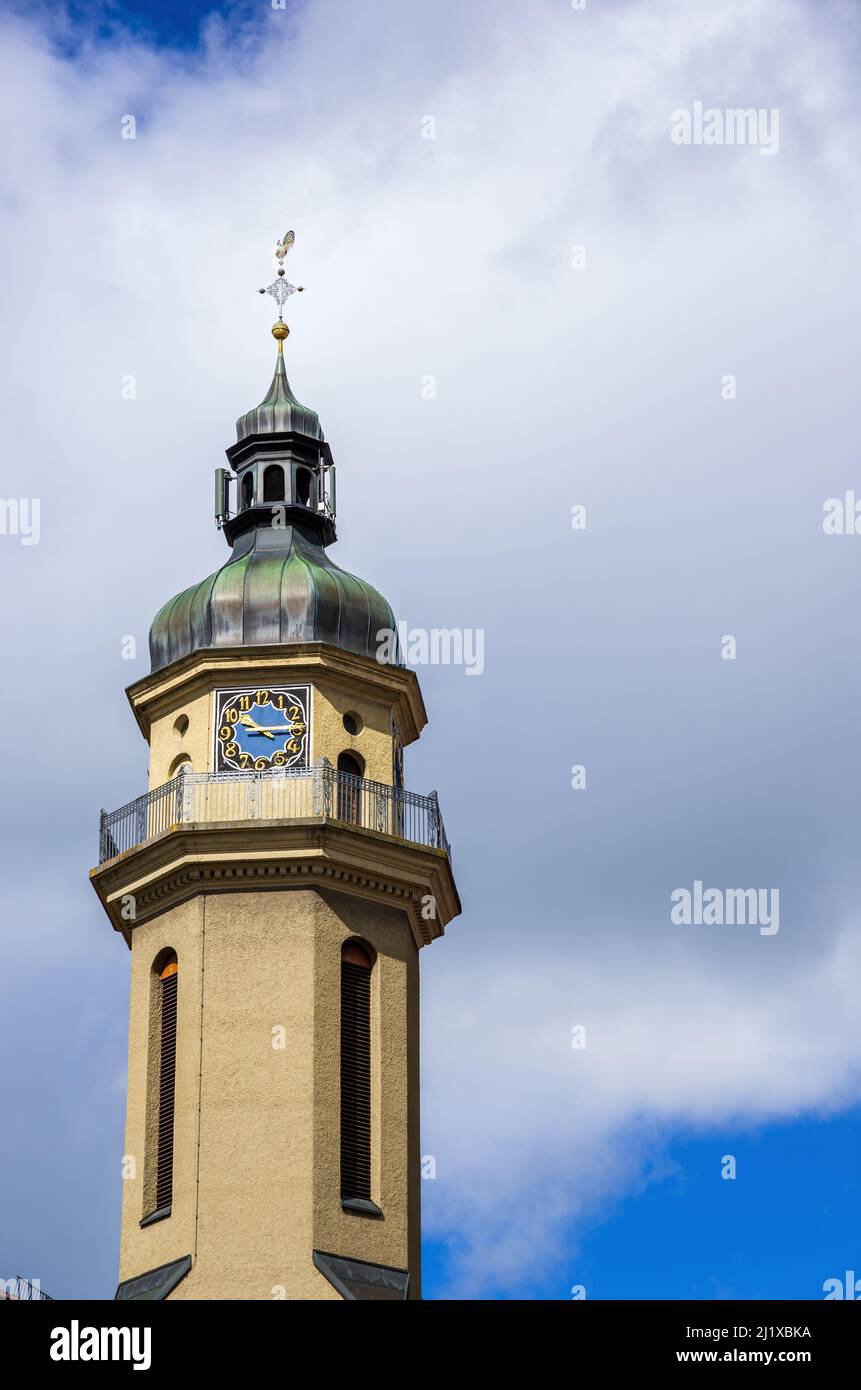 The steeple of the Church Of St. Martin (Martinskirche) in Ebingen, Albstadt, Baden-Württemberg, Germany. Stock Photo