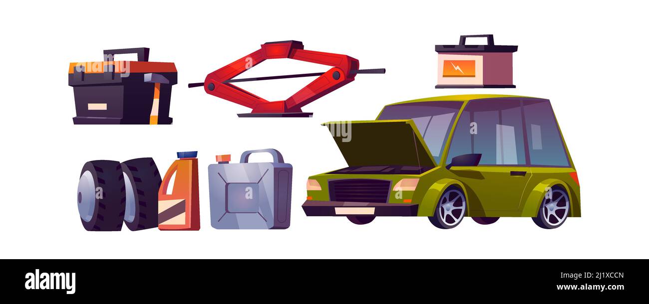 Car repair shop, auto maintenance. Vector cartoon set of automobile and equipment for check and fix vehicle. Battery, car jack, canister with oil, tir Stock Vector