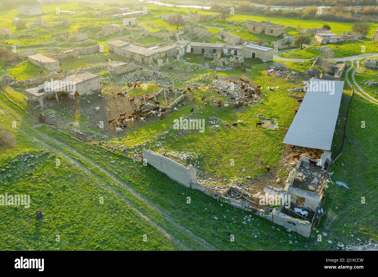 Goat farm in abandoned traditional village in Cyprus, view from above Stock Photo