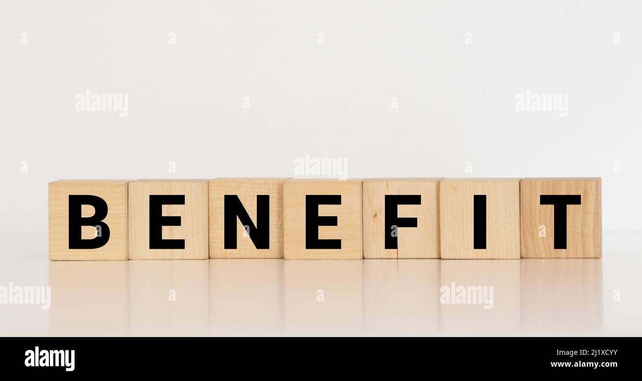 BENEFITS word made with building blocks, concept Stock Photo Alamy