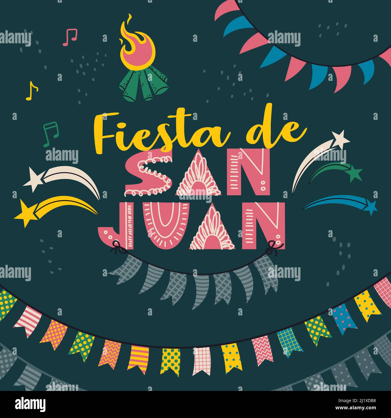 Postcard or poster design for Saint Juan celebration. Text in Spanish Fiesta de San Juan - Saint John festivity . Bonfire, fireworks and decorative Stock Vector