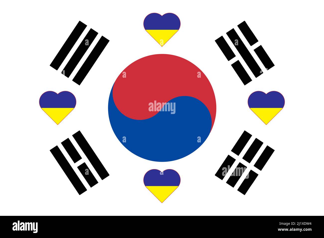 A heart painted in the colors of the flag of Ukraine on the flag of South Korea. Illustration of a blue and yellow heart on the national symbol. Stock Vector