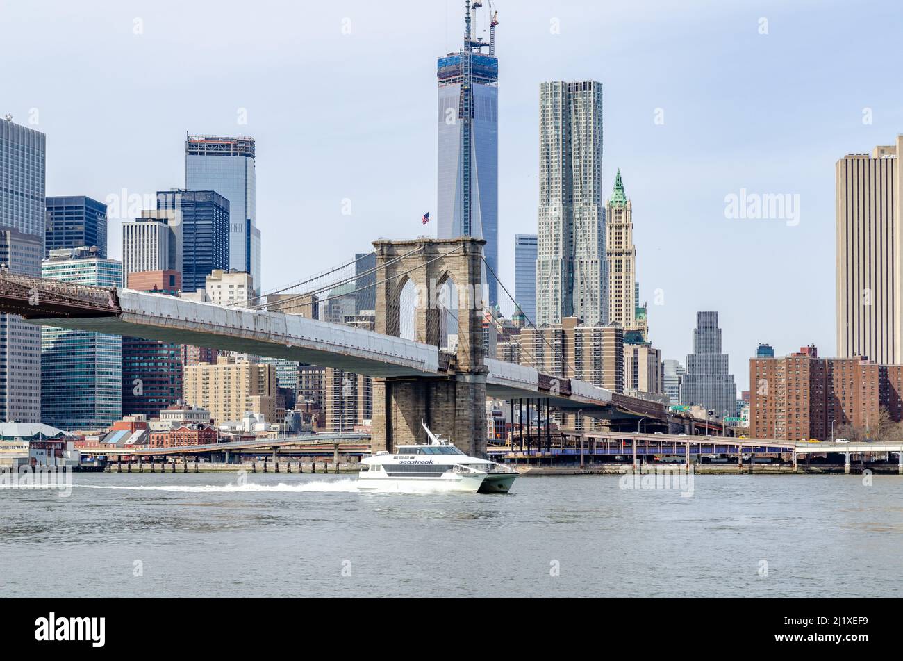 Brooklyn Bridge New York City with construction area on the bridge with ...