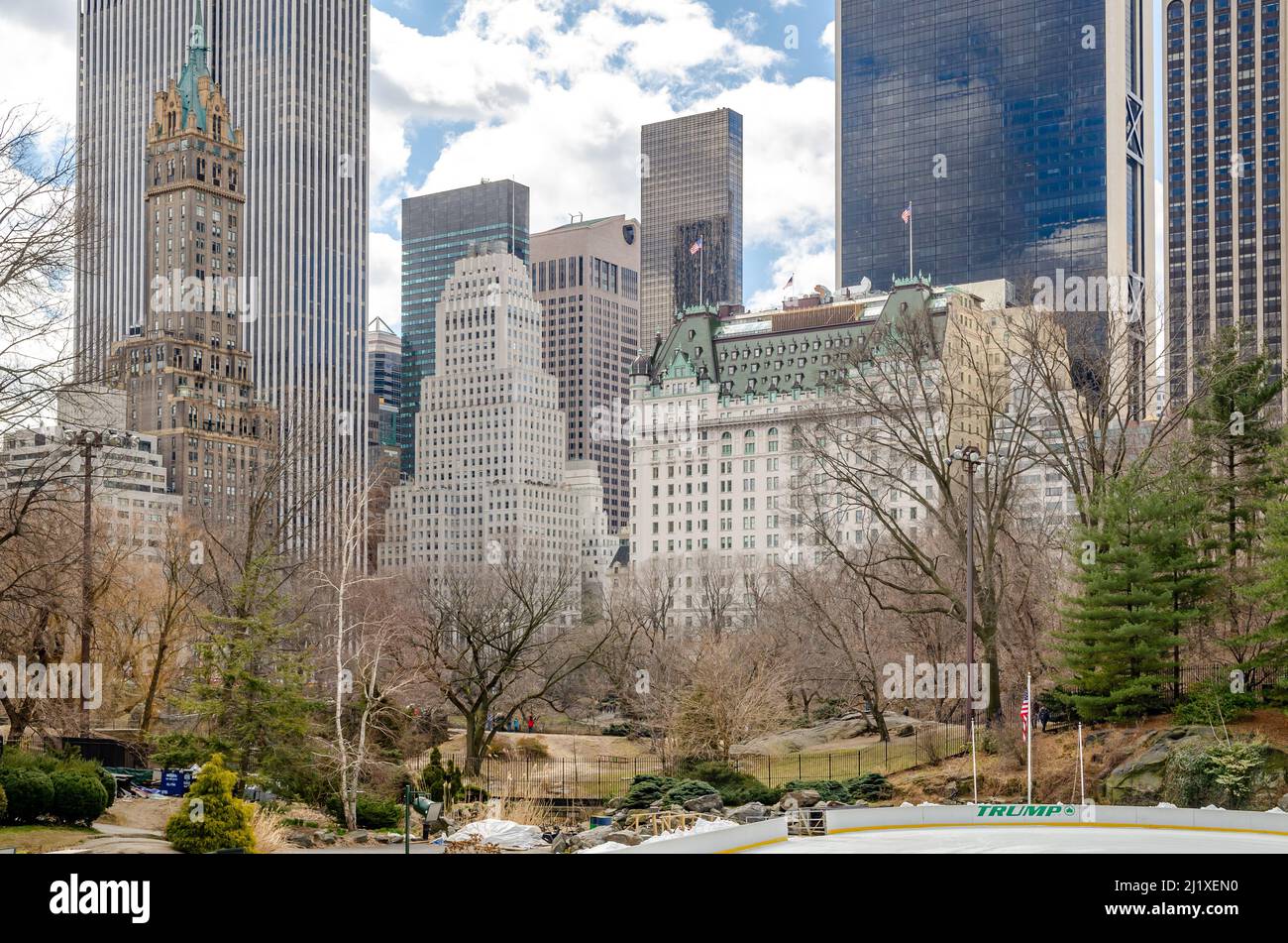 View of The Plaza Hotel in New York City during Winter with trumps