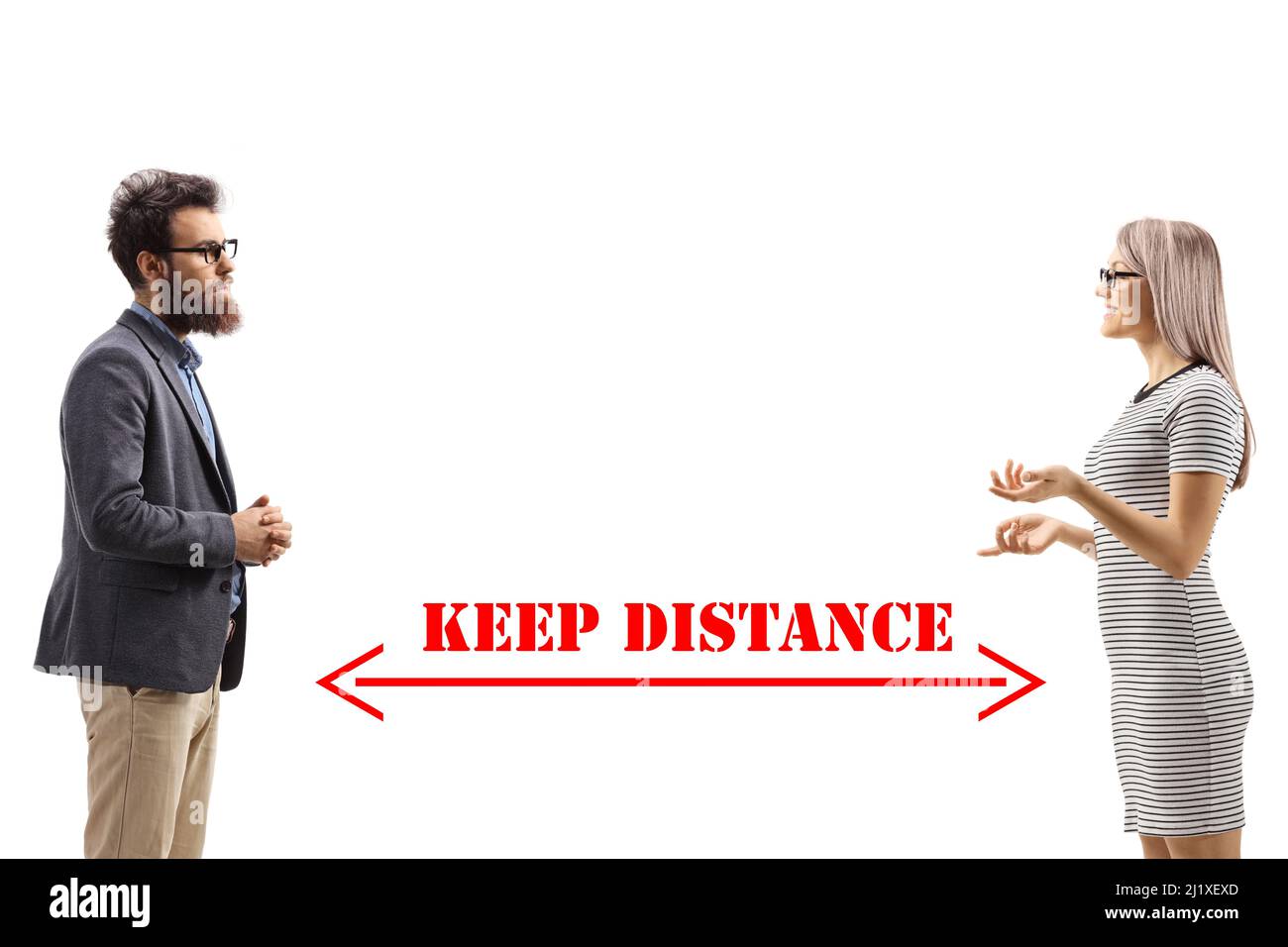 Keep distance sign between a man and a woman isolated on white background Stock Photo